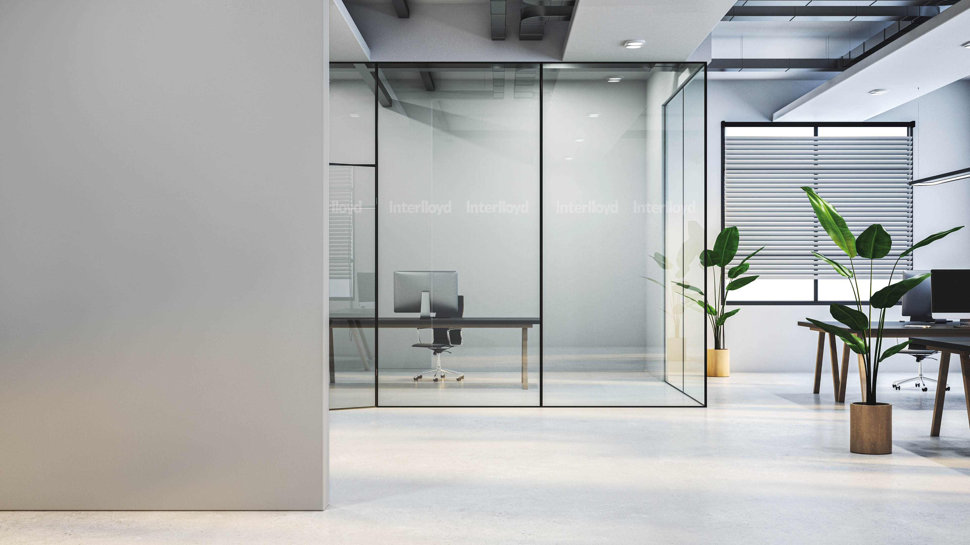 Modern glass office interior with empty mock up place on wall, furniture and equipment. 3D Rendering; Shutterstock ID 2424835633; purchase_order: -; job: -; client: -; other: -